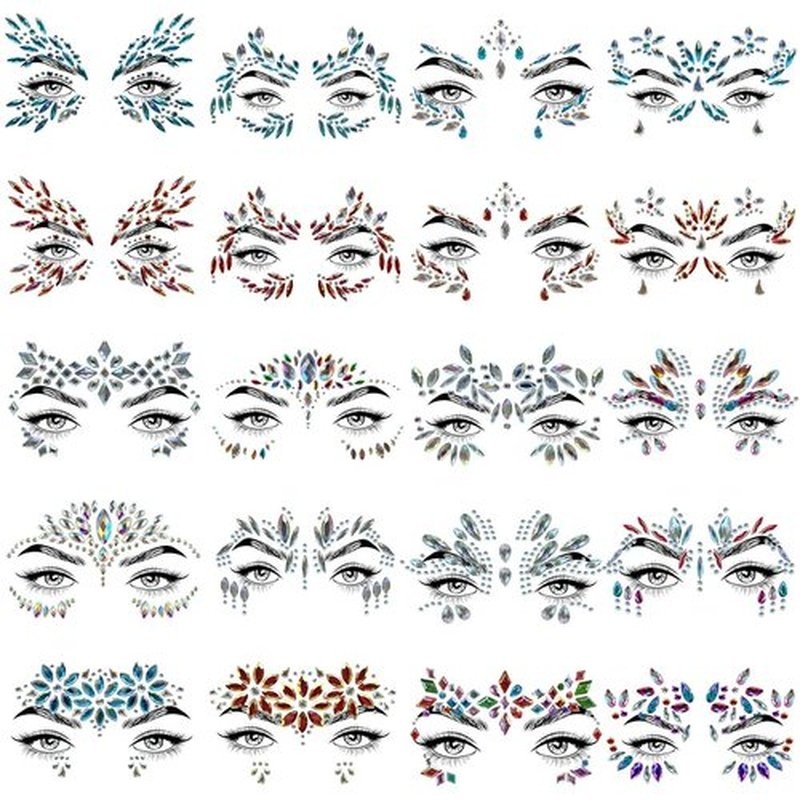 Allruyee 20 Sets Face Jewels - Mermaid Glitter Gems. Waterproof Temporary Tattoos for Eyes & Face. Ideal for Parties, Raves, Carnivals & Holiday Costumes - Top Rave Makeup Accessories