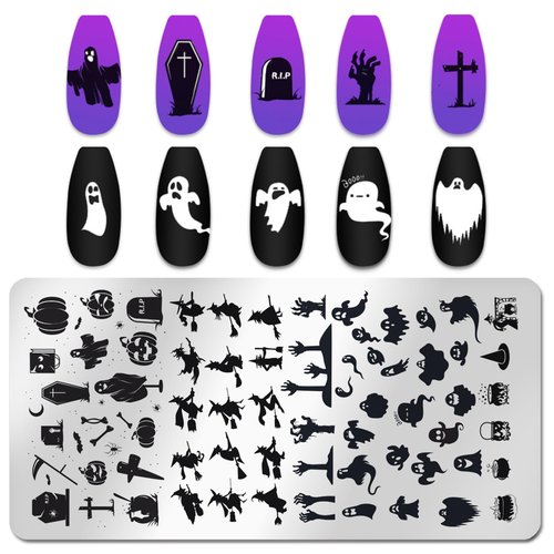 JERCLITY 6pcs Halloween Nail Stamping Plates Halloween Nail Stamping Plates for Nails Cobwebs Witch Ghost Skull Jack-o'-Lantern Haunted House Image Stamper Kit
