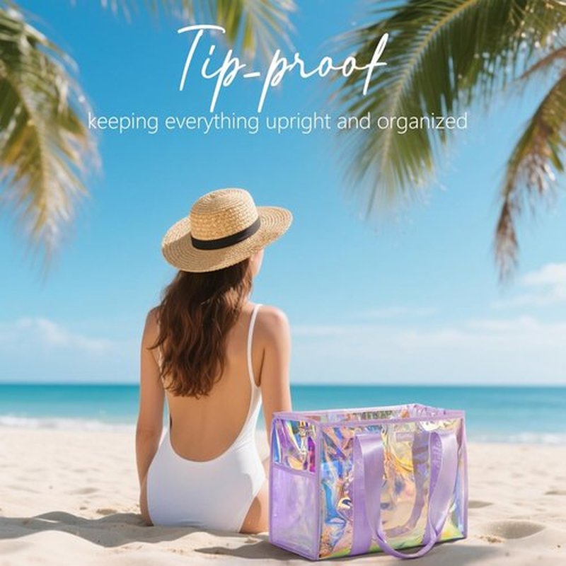 Bagstellar Iridescent Beach Tote Bag - Large Waterproof & Sandproof with Makeup Pouch | Adjustable Strap, Packable Travel Essential for Women
