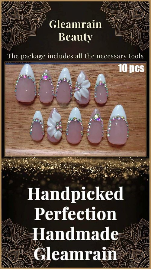Gleamrain Handmade Press on Nails Almond Shape M Size/Gleamrain Luxury Medium Hand Made Nails with Design for Women 10Pcs by P09