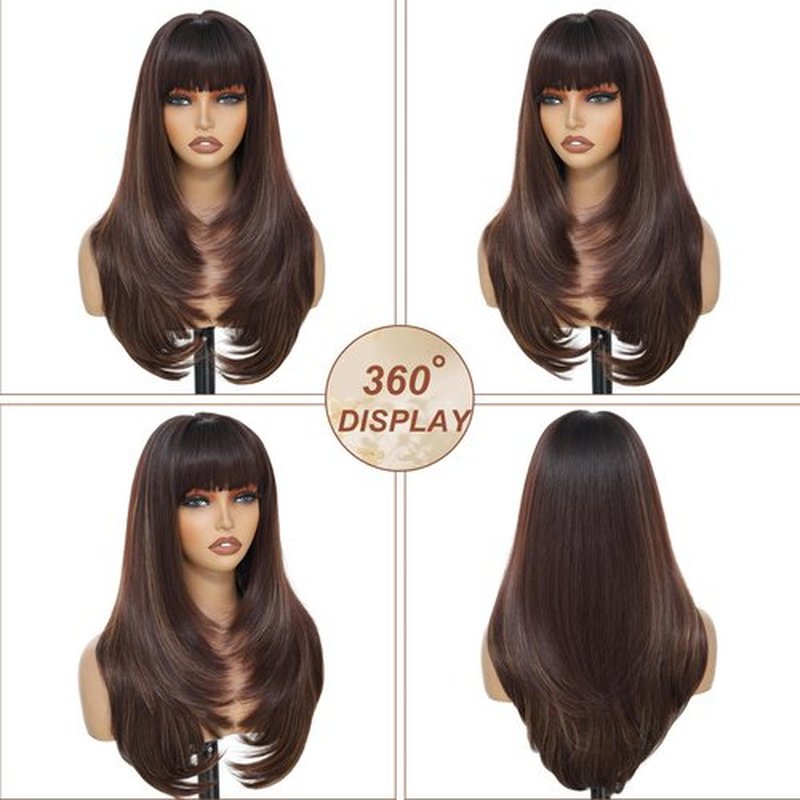 MINLEE Brown Highlights Wig with Bangs for Women Long Wavy Brown Wigs 4x4 Realistic Scalp,26 Inch Layered Brown Hair Wigs Heat Resistant Synthetic Wigs
