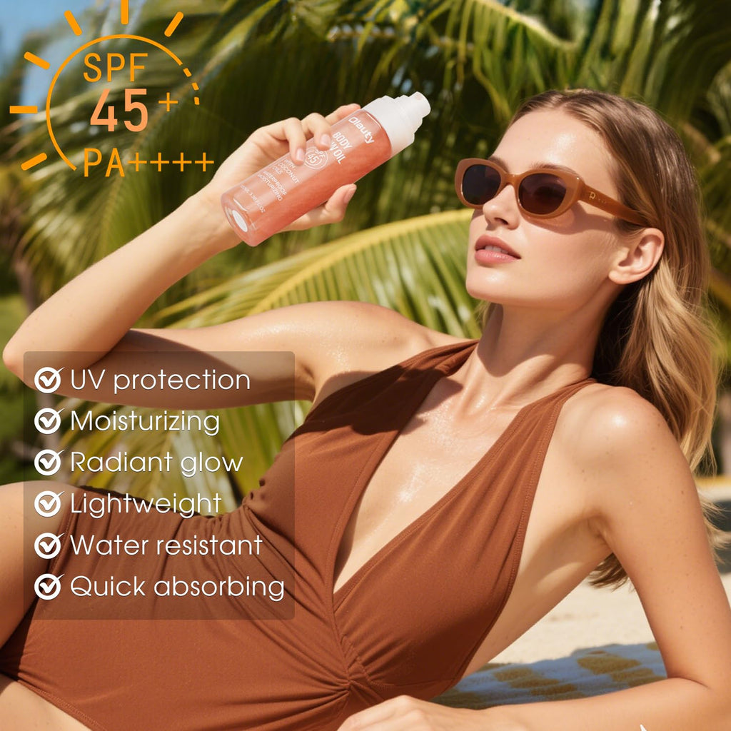 Body Glow Oil, SPF45 Sunscreen Body Oil Shimmer Moisturizing with Coconut Oil Nourishing Glowing Skin, Body Shimmering Oils for Face & Body, Lightweight, Non-Greasy