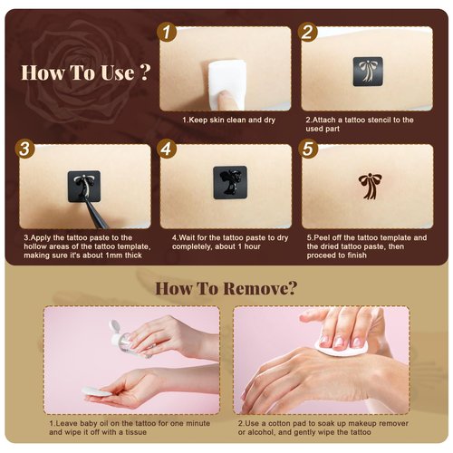 95 PCS Temporary Tattoos Stencils Kit,Temporary Tattoos Kit - 6 Pcs 3 Color(black*1,brown*4 & Red*1) Ink with 6 removal wipes,10 disposable cotton swabs DIY Body Art Painting for Women Men Adults