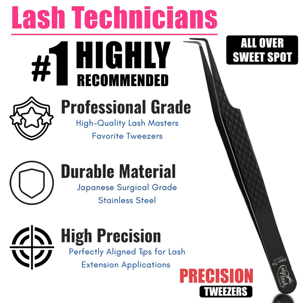 My Lash Tools Fiber Tip Lash Tweezers for Eyelash Extension Curved 90 Degree Angle Boot Tweezer Best for Volume, Individual Isolation & Classic Lashes Stainless Steel Lash Supply (Black)