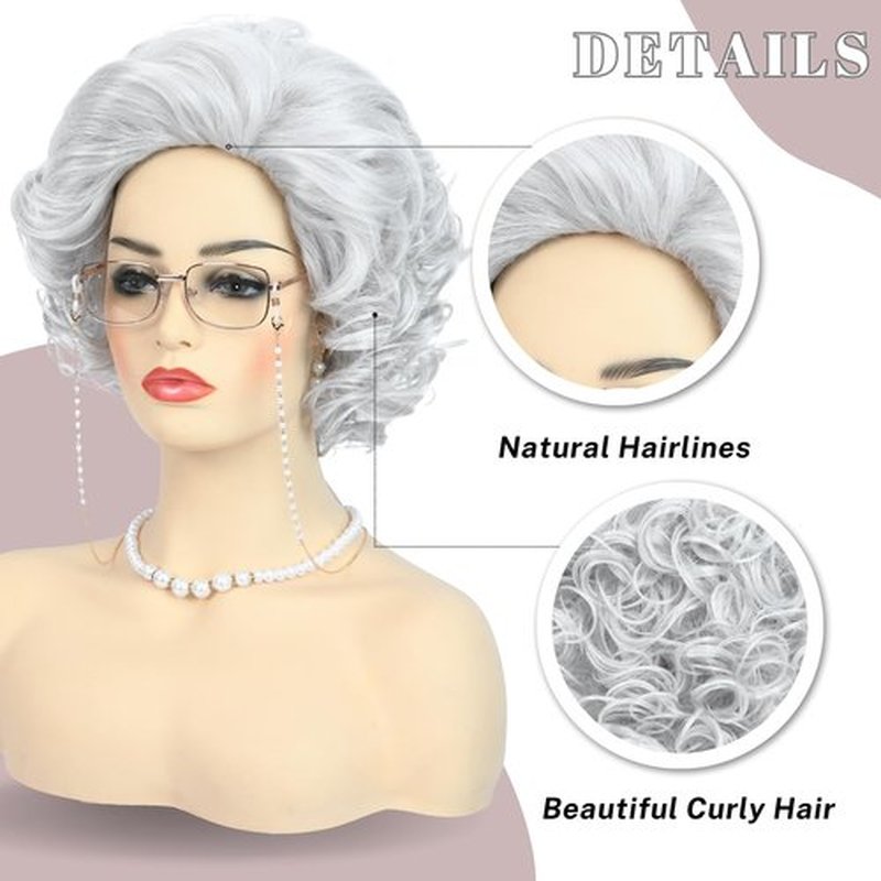 Bettecos Old Lady Wig Costume Set for Women Short Curly Grandma Wig and Glasses Silver White Granny Wigs for Old Woman Cosplay Halloween Party (Silver White/Old Lady)