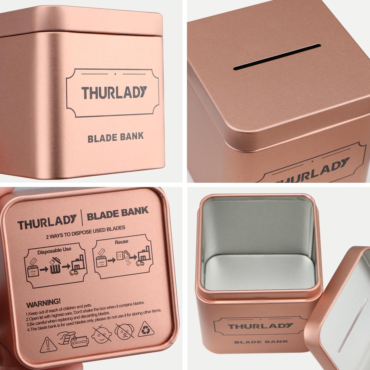 THURLADY Razor Blade Disposal Container, Rose Gold, Large Capacity, Holds Over 500 Blades, Safe & Recyclable