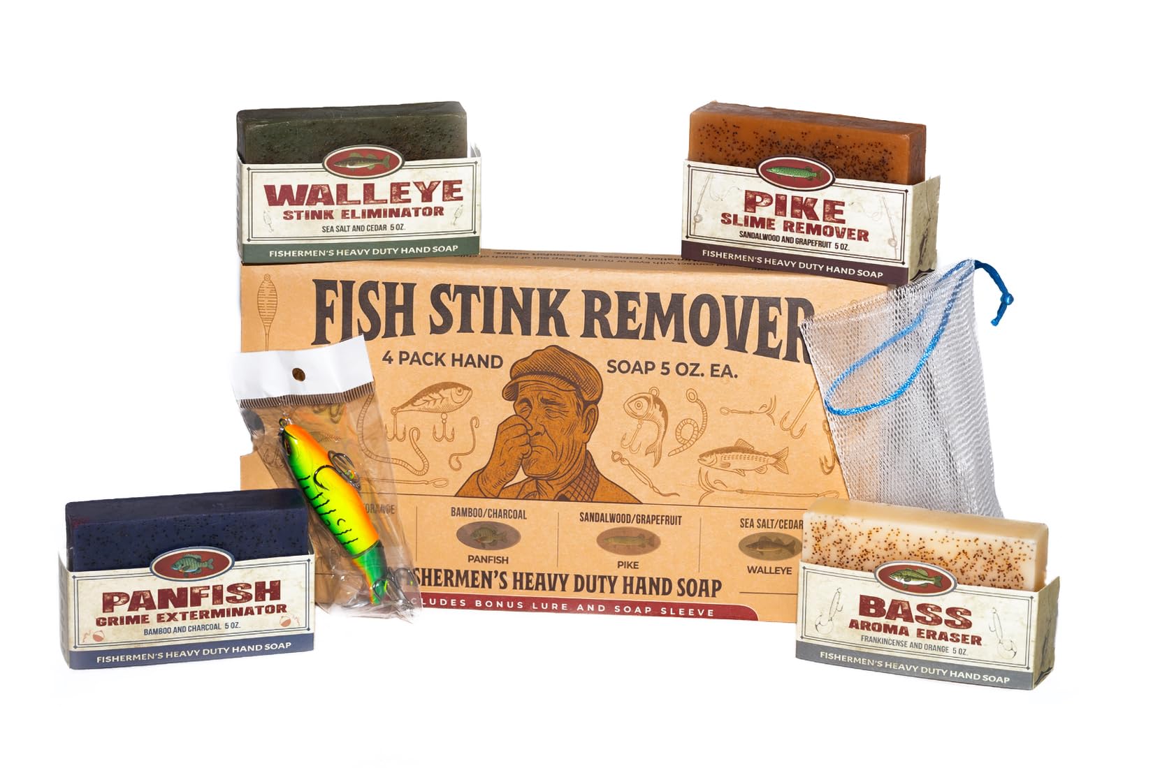 Father's Day Fishermen - 4 Pack Natural Heavy Grit Soap Gift Set – Great Smelling hand & body soap for fishermen. Includes topwater lure and soap sleeve. Fishing Gift Dad Father's Day, Birthday