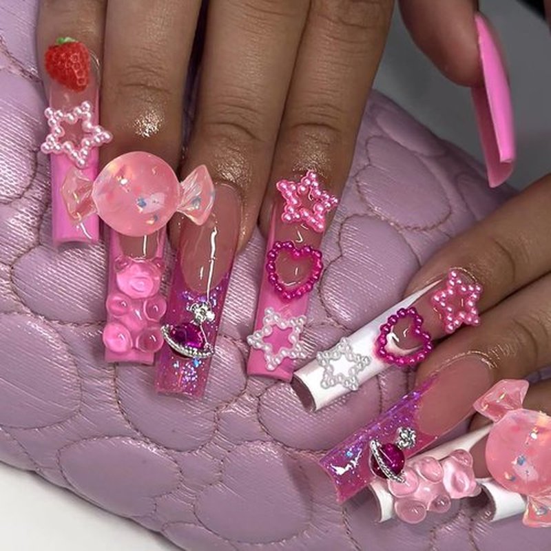 Press on Nails Coffin Long French 24Pcs Glossy Full Cover Acrylic Square Cute False Nails with Gems Designs Artificial Ballerina Fake Nails with Charm Glue Stick on Fingernails for Women Girls