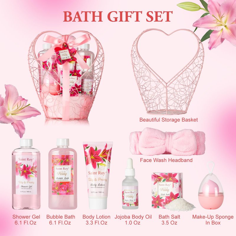 Valentines Day Gifts Basket Christmas Gifts for Women Spa Set Lily & Peony Home Spa Set, Beauty Personal Care Set Jojoba Oil, Spa Self Care Kit, Bath Body For Thank You, Birthday Gifts