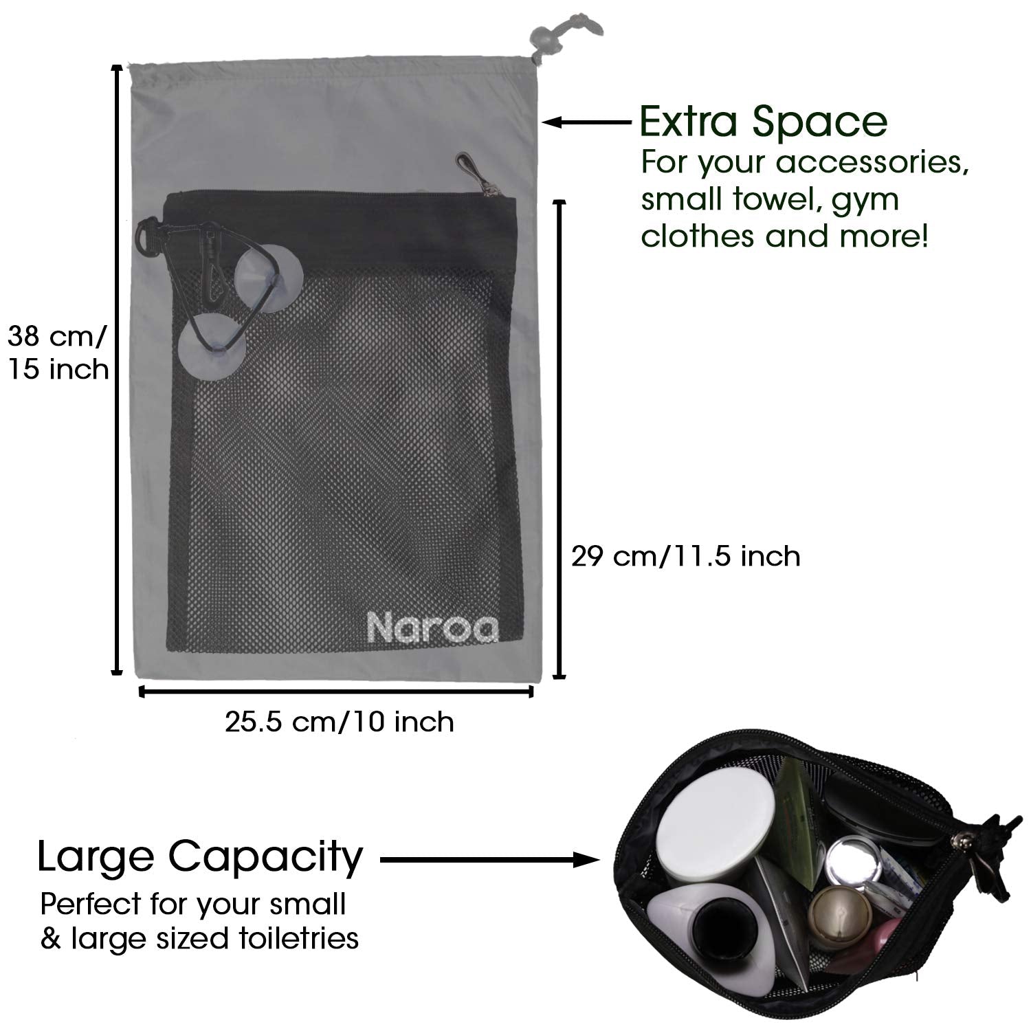 Naroa Waterproof Multifunctional Toiletry Shower Bag for Gym, Travel, Business and Foldable Portable Hanging Bathroom Mesh Caddy with Wet & Dry Storage Suction Hook Tote for Men Women