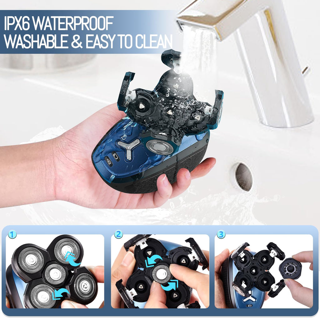 Head Shavers for Bald Men, Cordless Head Shaver, Bald Head Shavers for Men Close Shave Rechargeable Men Shaver Electric Shaver for Men Face IPX6 Waterproof Shaving Machine for Home Travel Use(Blue)
