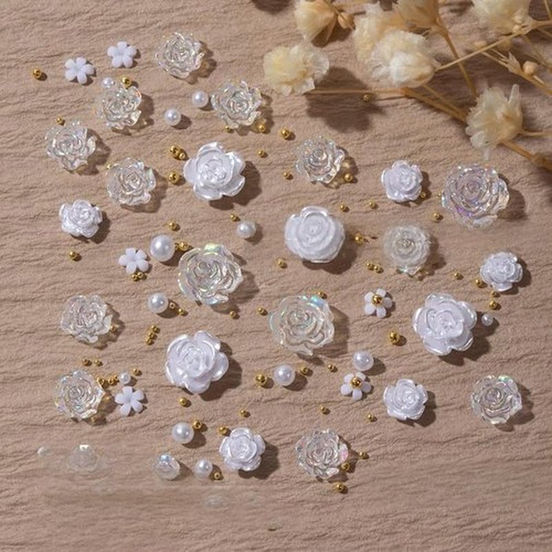 200PCS 3D Resin White Rose Flower Nail Art Charms 3D Flower Nail Art Accessories Exquisite Luxury Rose Nail Jewelry Sequins Decoration in 2 Styles for Nail Art Decoration or Jewelry Making（2 Colors）