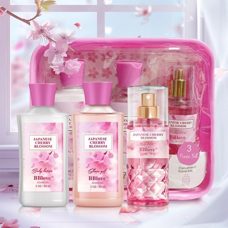 BBlove Bath and Body Gift Set for Women & Girls, Japanese Cherry Blossom, 3PCS Set for - Shower Gel, Body Lotion, Body Mist, Body Care Travel Set