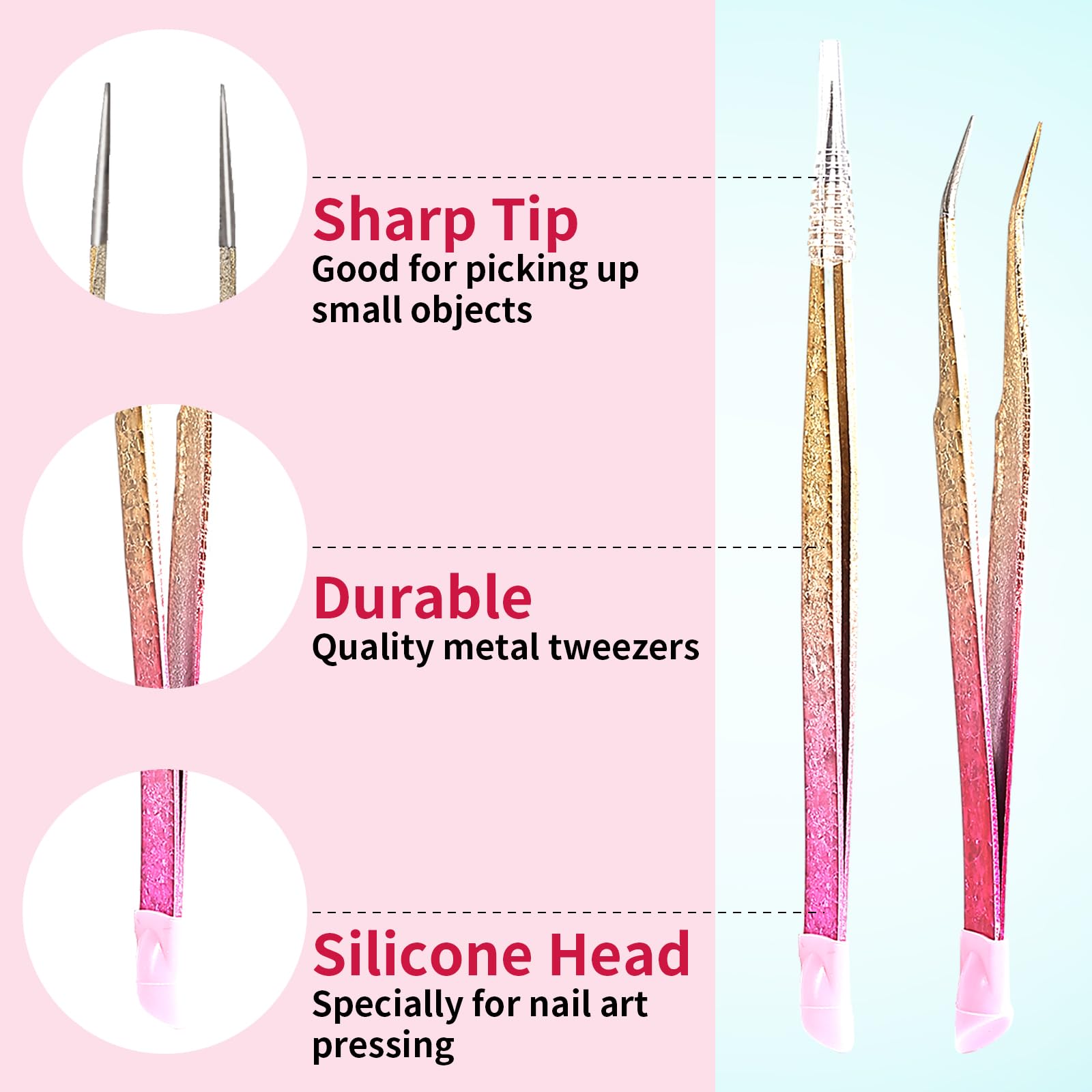 Ouligay 2Pcs Double Ended Nail Art Tweezers Stainless Steel Tweezer Straight Curved Tip Tweezers with Silicone Pressing Head for Nail Crafts Rhinestone Stickers Jewel Gem Picker Tool