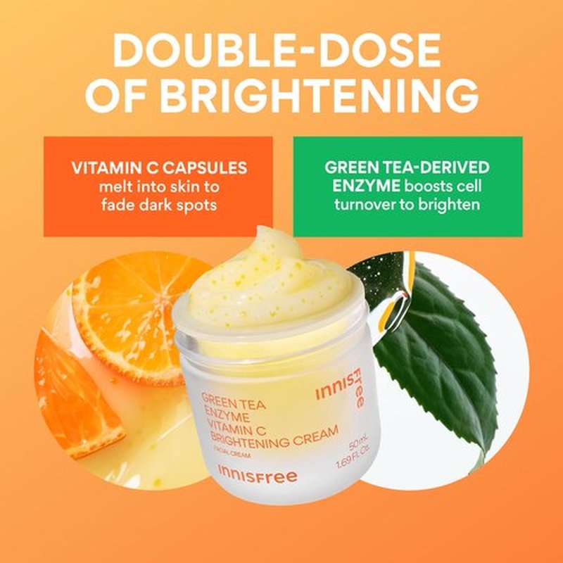 innisfree Green Tea Enzyme Vitamin C Brightening Cream, Korean Face Moisturizer for Dark Spots, Hydration & Radiant Skin