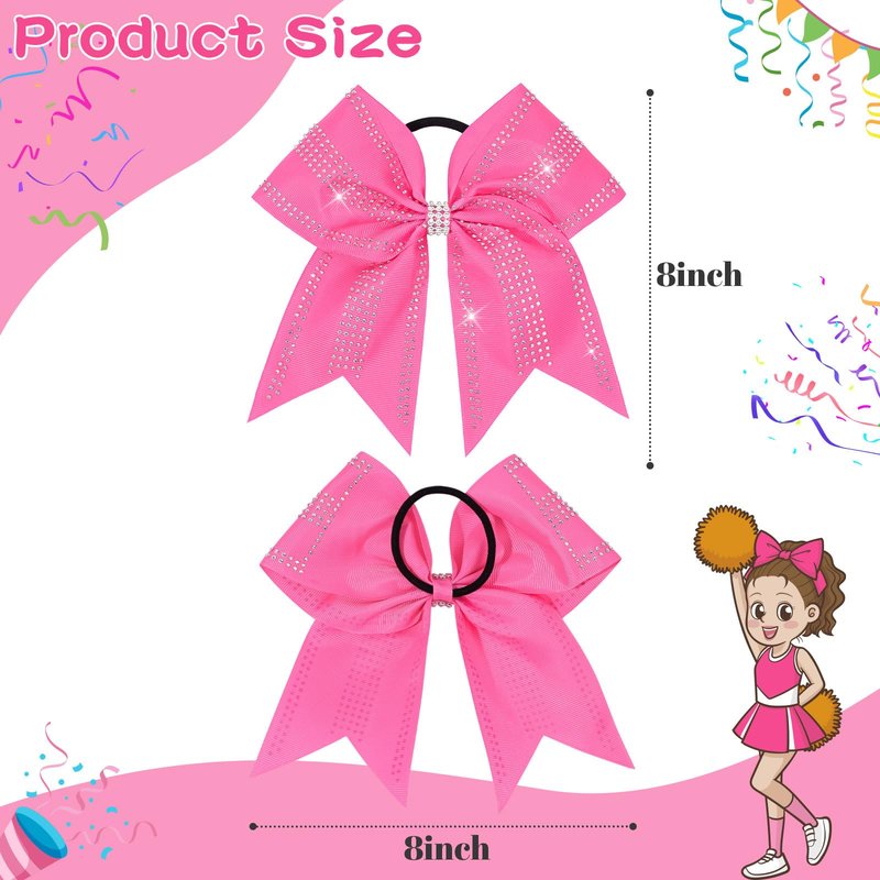 VOBOBE 12PCS Large Cheer Hair Bows for Cheerleader, Pink 8" Glitter Rhinestones Grosgrain Ribbon Elastic Band Ponytail Holder Hair Tie for Cheerleading Soccer Basketball Sport Competitions (Pink)