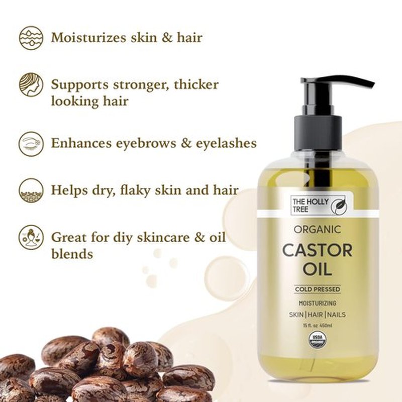 Organic Castor Oil - Cold Pressed 15 fl oz - 100% Pure & Hexane Free - Castor Oil for Hair Growth - Moisturizing & Nourishing - For Face & Body - The Holly Tree