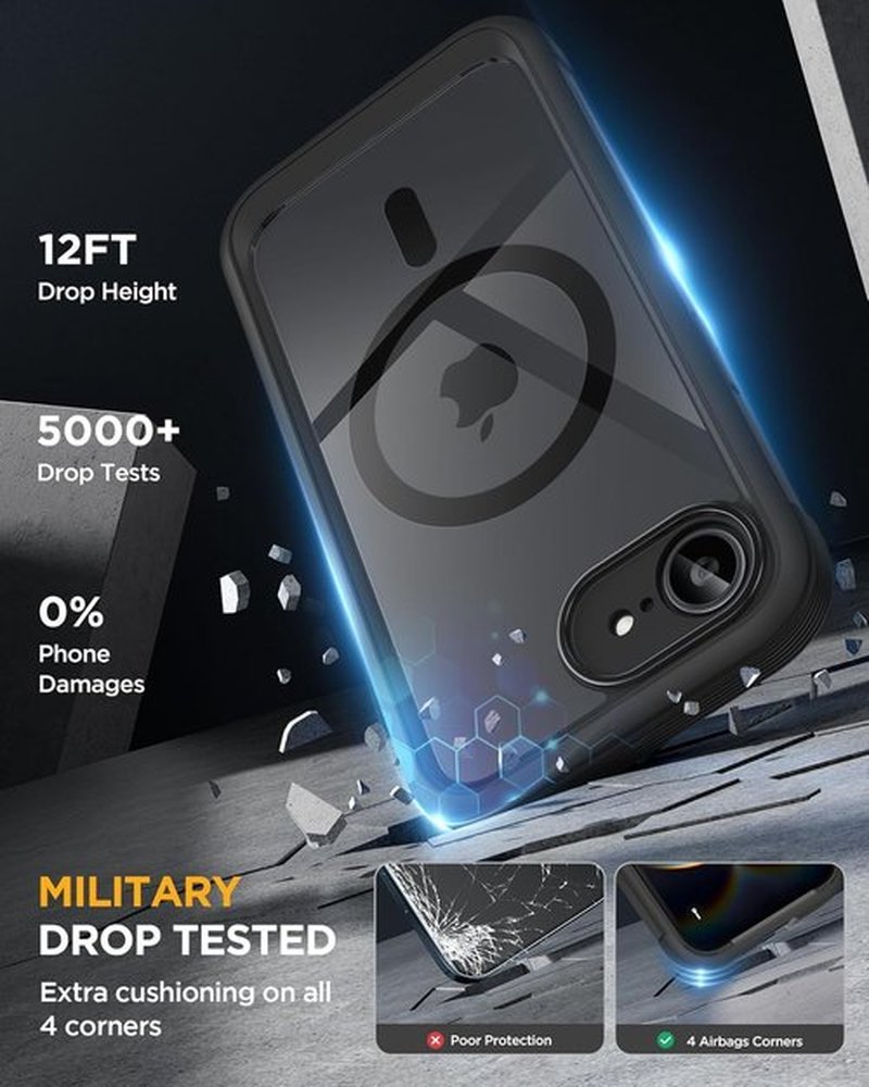 Miracase iPhone 17e & 16e Case - Full-Body Military Drop Proof Cover with Built-in Glass Protector | Black 6.1 Inch