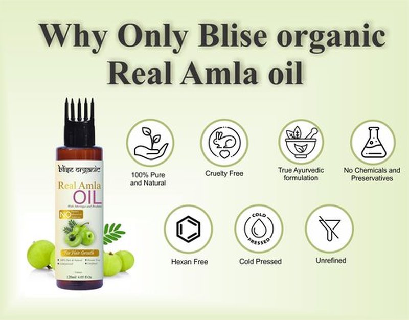 Blise organic Real Amla Oil -100% Pure, Cold Pressed and Natural, For Skin and Hairs, with Brahmi and Moringa, Soil to Oil Certified, No artificial Fragrance, No added Colors, Unrefined, Extra Virgin,