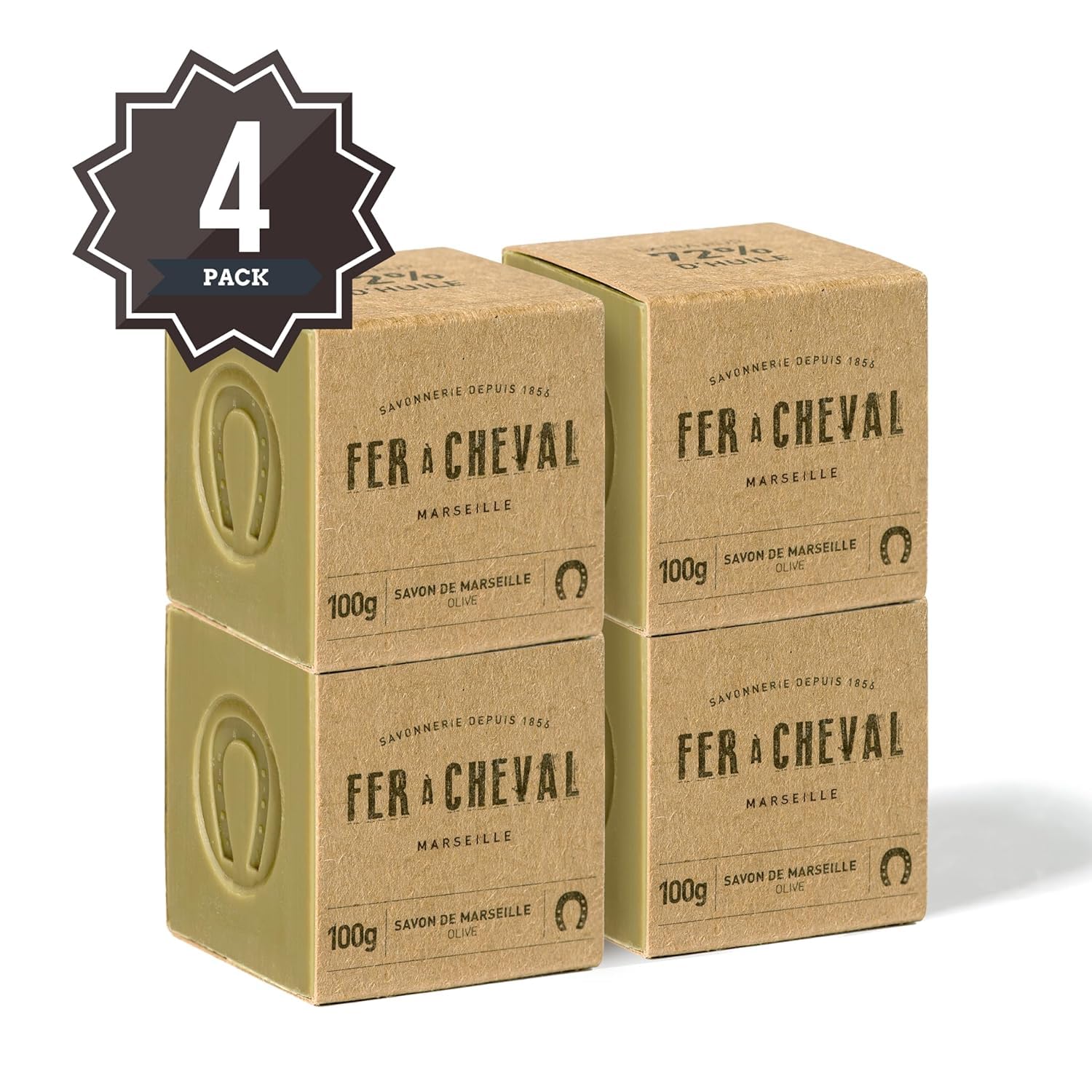 Fer à Cheval Pure Olive Authentic Savon De Marseille Soap Bar - 100% Natural, Hypoallergenic, Pack of 4 - Crafted in Cauldrons with French Olive Oil - Palm Oil Free & Eco-Friendly, 100g/3.53oz