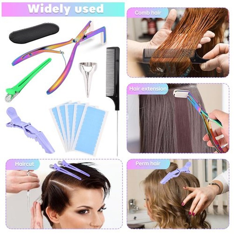 Trasylph Tape in Hair Extension Tools Kit,with Hair Extensions Sealing Clamp Plier,5 Sheets Hair Extension Tape,2 Black Hair Gripper Sticker,9 Clips,3 Hair Parting Ring,for Women Hair