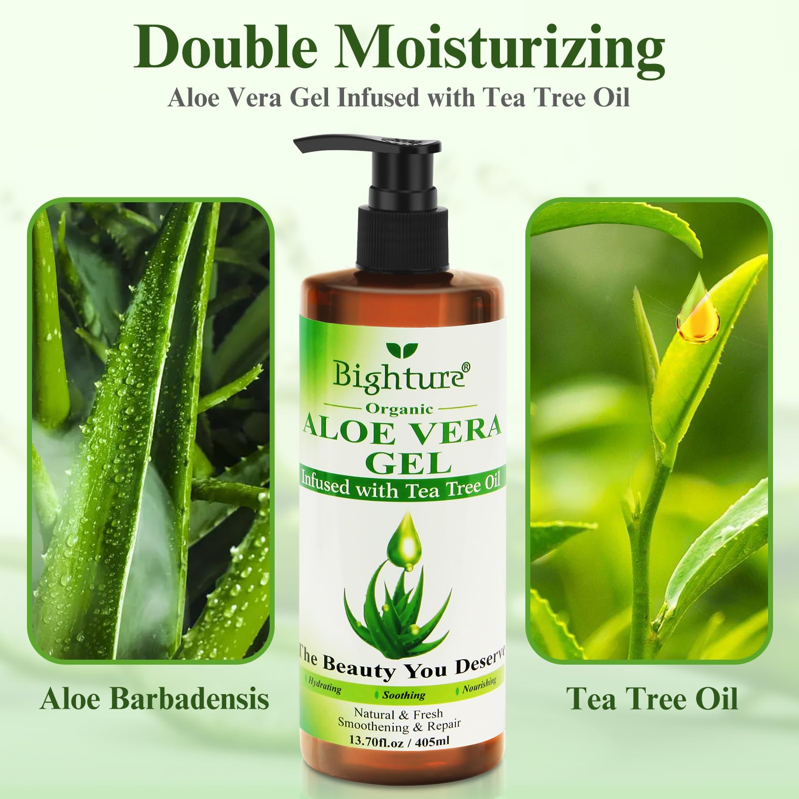 BIGHTURE Aloe Vera Gel with Tea Tree Oil for Face, Skin, Hair, Sunburn relief, Aloe Vera Gel from Freshly cut 100% Pure Aloe,13.7oz