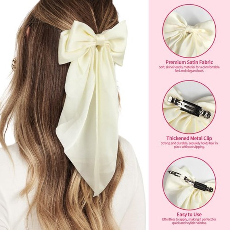 MIKONIKO Silky Satin Hair Bows for Women Girls - 4PCS Ribbon Bows for Hair, Big Bow Hair Clips with Long Tail, Barrettes - Cute Hair Accessories Gifts (Hot Pink, Light Pink, Royal Pink, Beige)