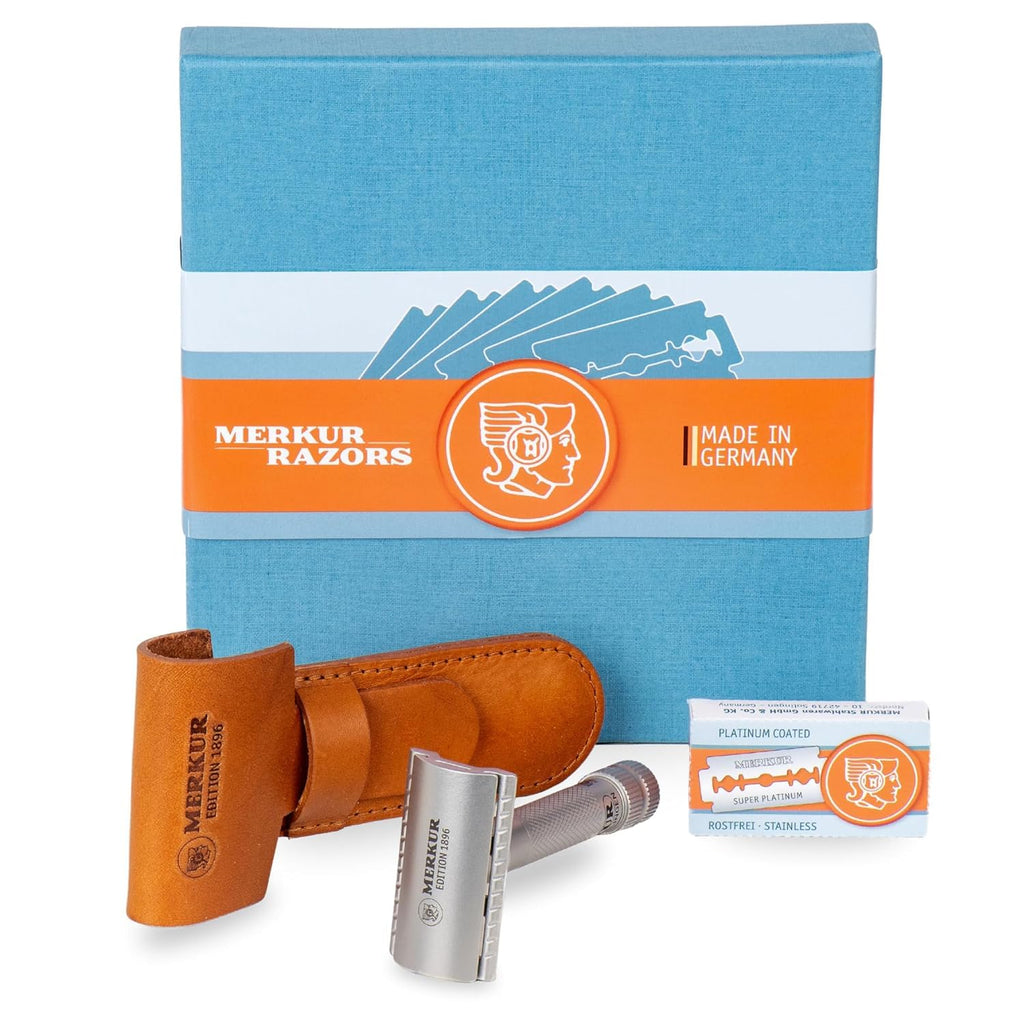 MERKUR Stainless Steel Safety Razor Set 34 INOX | Includes Premium Safety Razor, Leather Case and 10 Platinum Blades | Satin Matt | Closed Comb | Ideal for Wet Shaving | Made in Germany