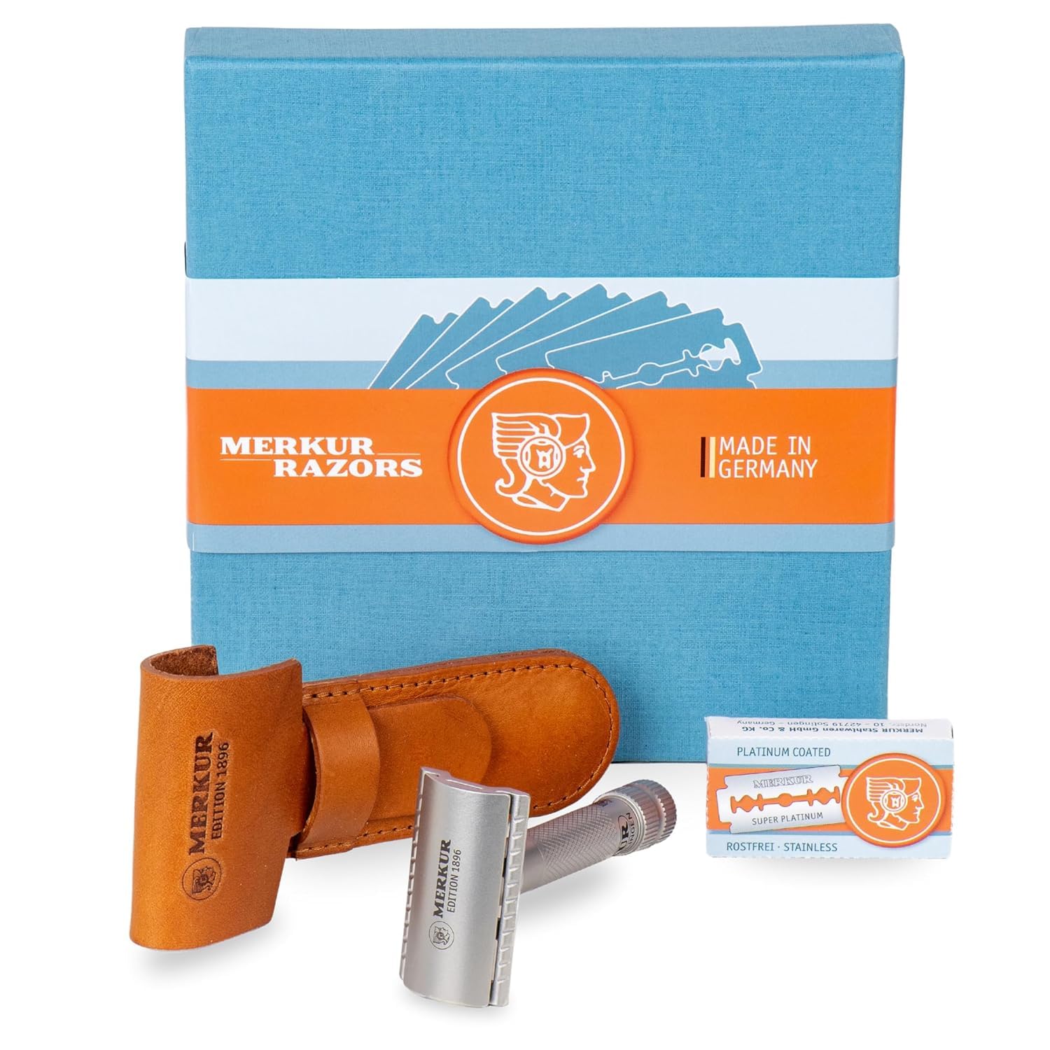 MERKUR Stainless Steel Safety Razor Set 34 INOX | Includes Premium Safety Razor, Leather Case and 10 Platinum Blades | Satin Matt | Closed Comb | Ideal for Wet Shaving | Made in Germany