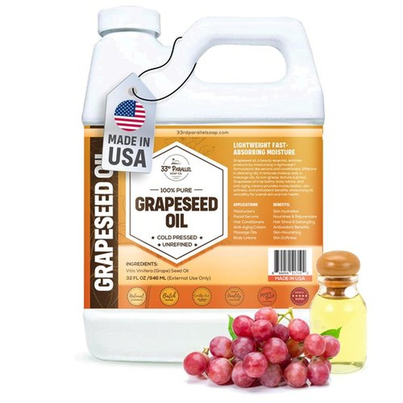 Organic GRAPESEED Oil (32 oz) Cold Pressed Unrefined | 100% Pure Natural, Non-GMO | Available in Bulk | Skin, Hair, Face, Carrier for Essential Oils, Soap Making | 32 FL OZ