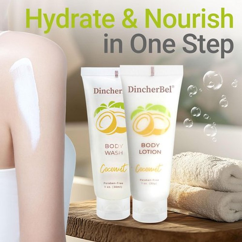 DincherBel Travel Size Body Wash and Body Lotion - Bulk Hotel Toiletries Supplies for Guests - Refreshing Tropical Coconut Scent Shower Gel and Body Cream for Men & Women (1 Fl Oz, 100 Pack)