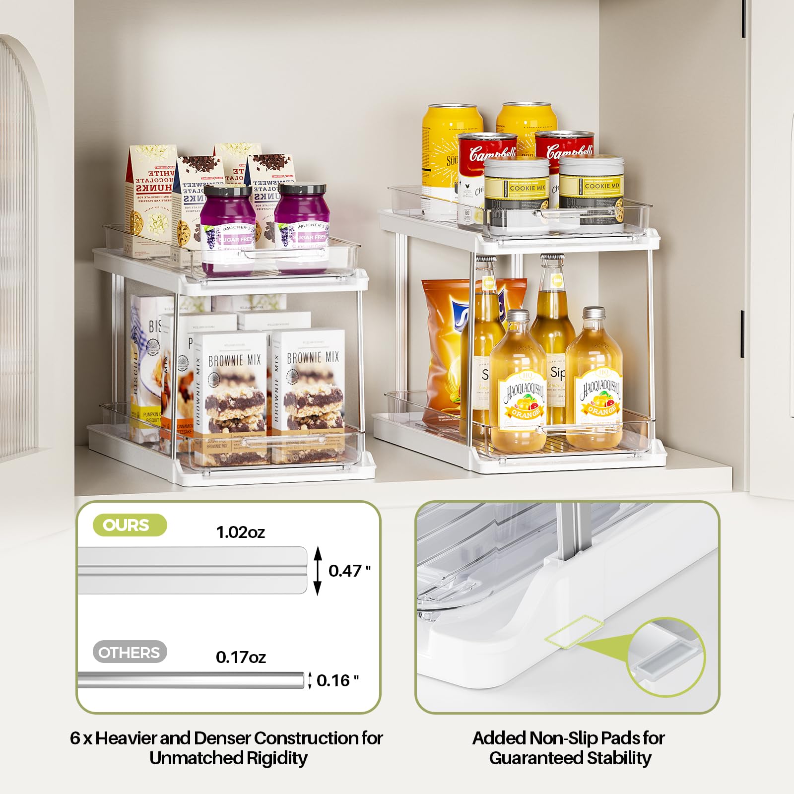 Delamu 2-Tier Bathroom Under Sink Organizers and Storage, Pull Out Cabinet Drawers with Anti-Slip Design, Multi-Purpose Storage for Kitchen, Pantry, Bathroom & Home Organization, White, 2 Pack