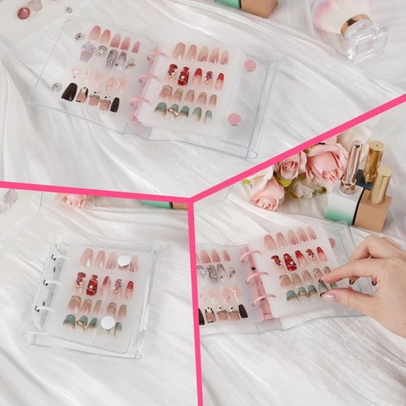 ASTONFOG Press On Nail Organizer, 2Pcs Press On Nail Binder Book with 12 Insert Pages-A8 Sized & Double Sized Tape, Fake Nails Swatch Display Collecting Storage Book(Pink+White)