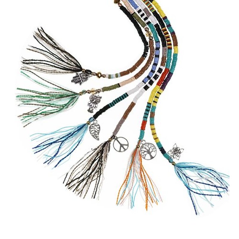 minihope 21 Inch Bright Spacer Bead Hair Wrap Set with Tassels, Hair Clips, and Retro Charm - 6 Styles for Women and Girls.