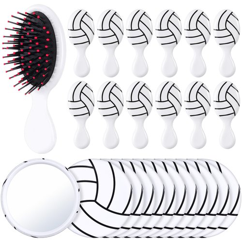 SiliFine 24 Pcs Volleyball Gifts for Team Bulk Include 12 Volleyball Air Cushion Hair Brush and 12 2.76 Inch Compact Mirror Round Makeup Mirror for Girl Player