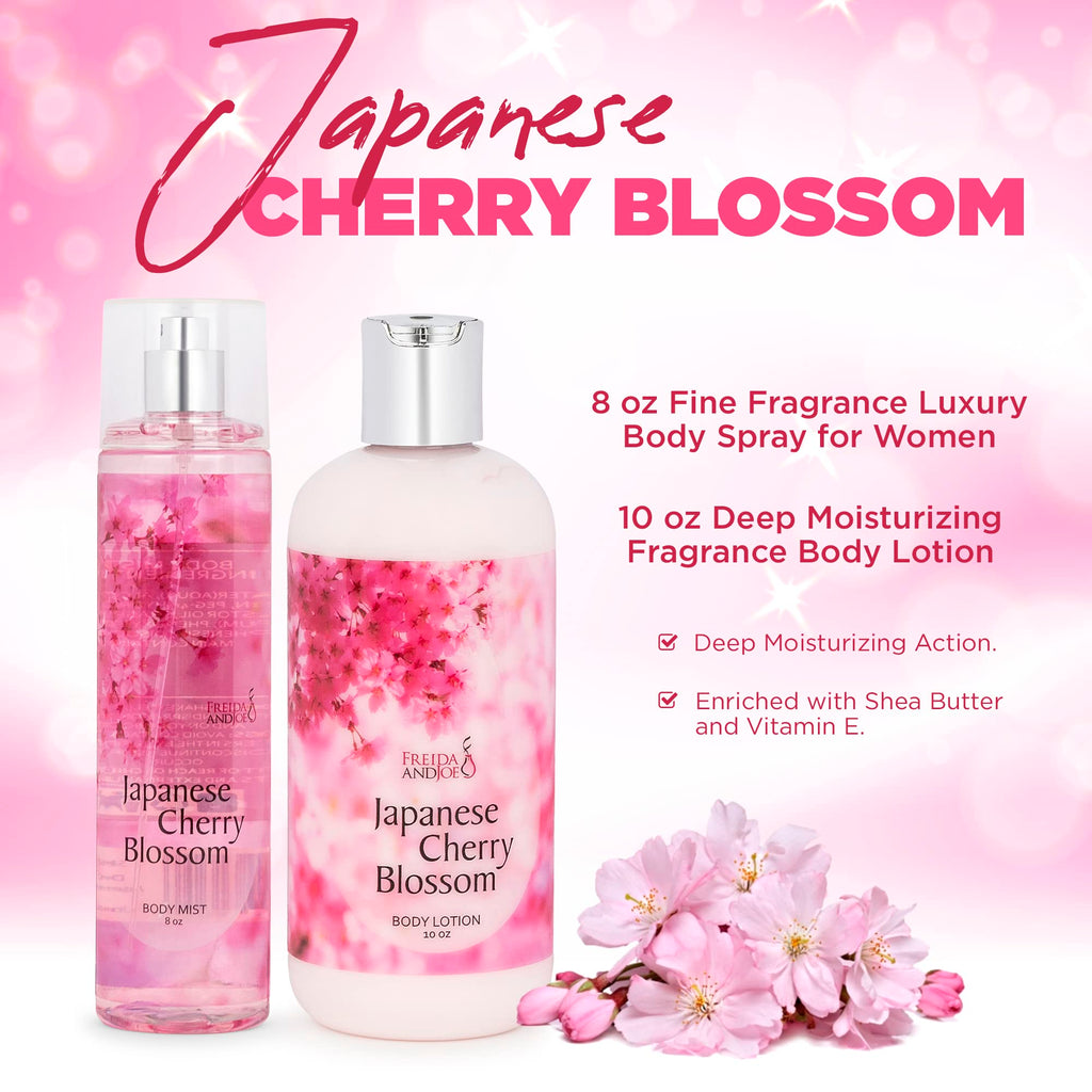 Home Spa Gift 10oz Deep Moisturizing Fragrance Body Lotion & 8 oz. Fine Fragrance Body Mist Set Self-Care Combo for Women & Girls (Cherry Blossom) – Mother's Day Gift for Mom