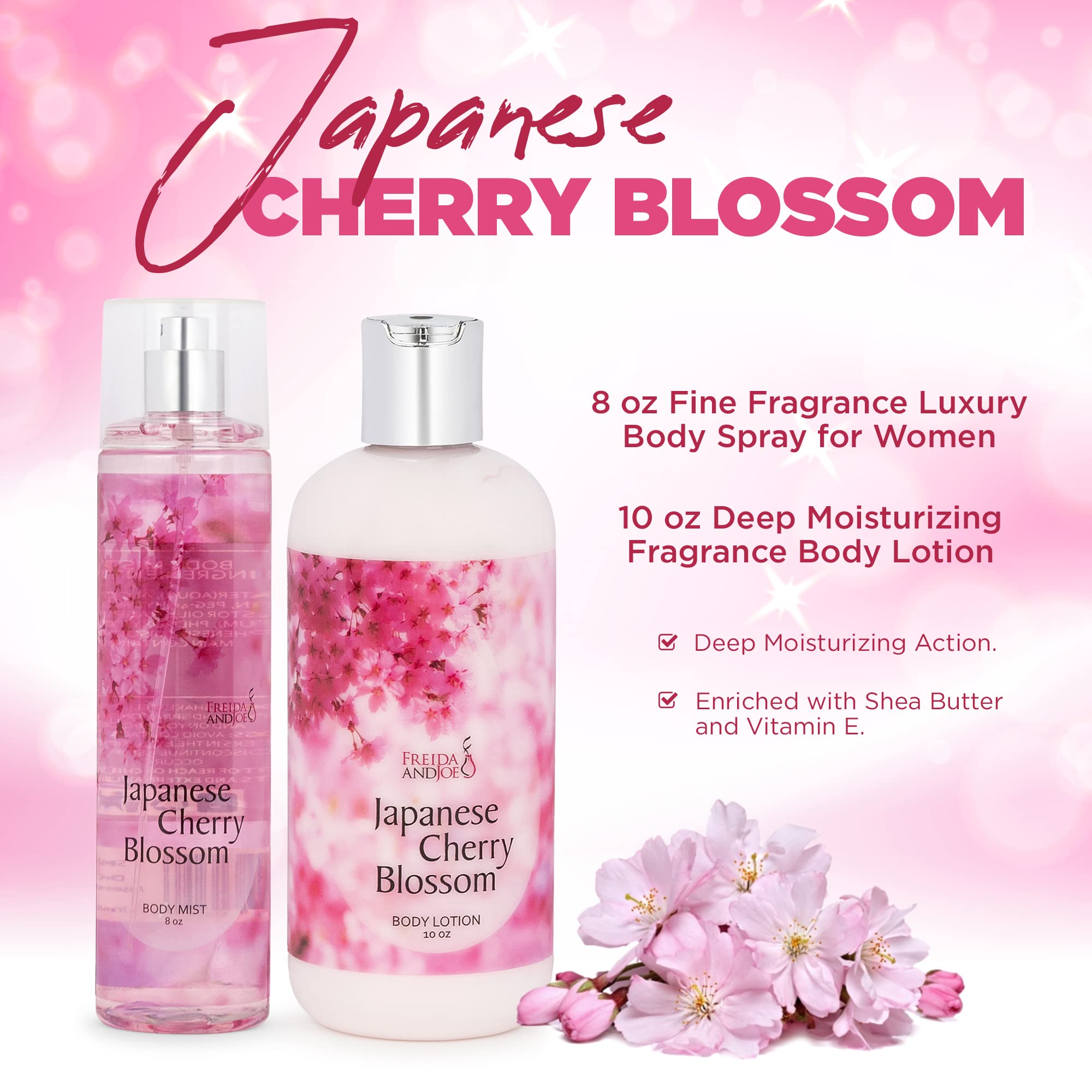 Home Spa Gift 10oz Deep Moisturizing Fragrance Body Lotion & 8 oz. Fine Fragrance Body Mist Set Self-Care Combo for Women & Girls (Cherry Blossom) – Mother's Day Gift for Mom
