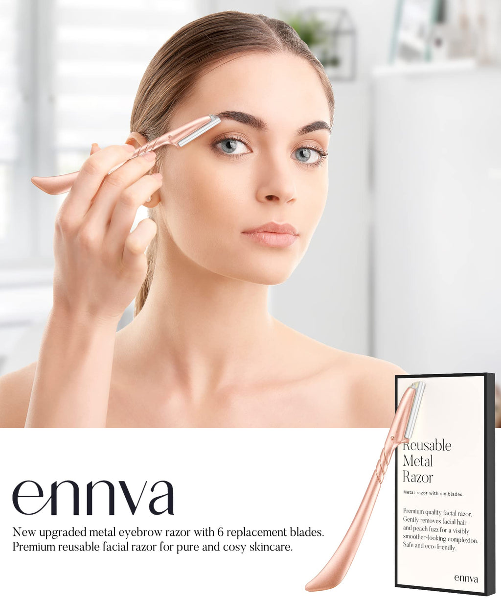 ennva Eyebrow Razor for Women-Eyebrow Trimmer Dermaplaning Tool-Ergonomic Eyebrow Shaper & Facial Razor for Peach Fuzz-Exfoliating Face Razor for Eyebrows-Eye Brow Shaver Razors w/7 Blades- Rose Gold