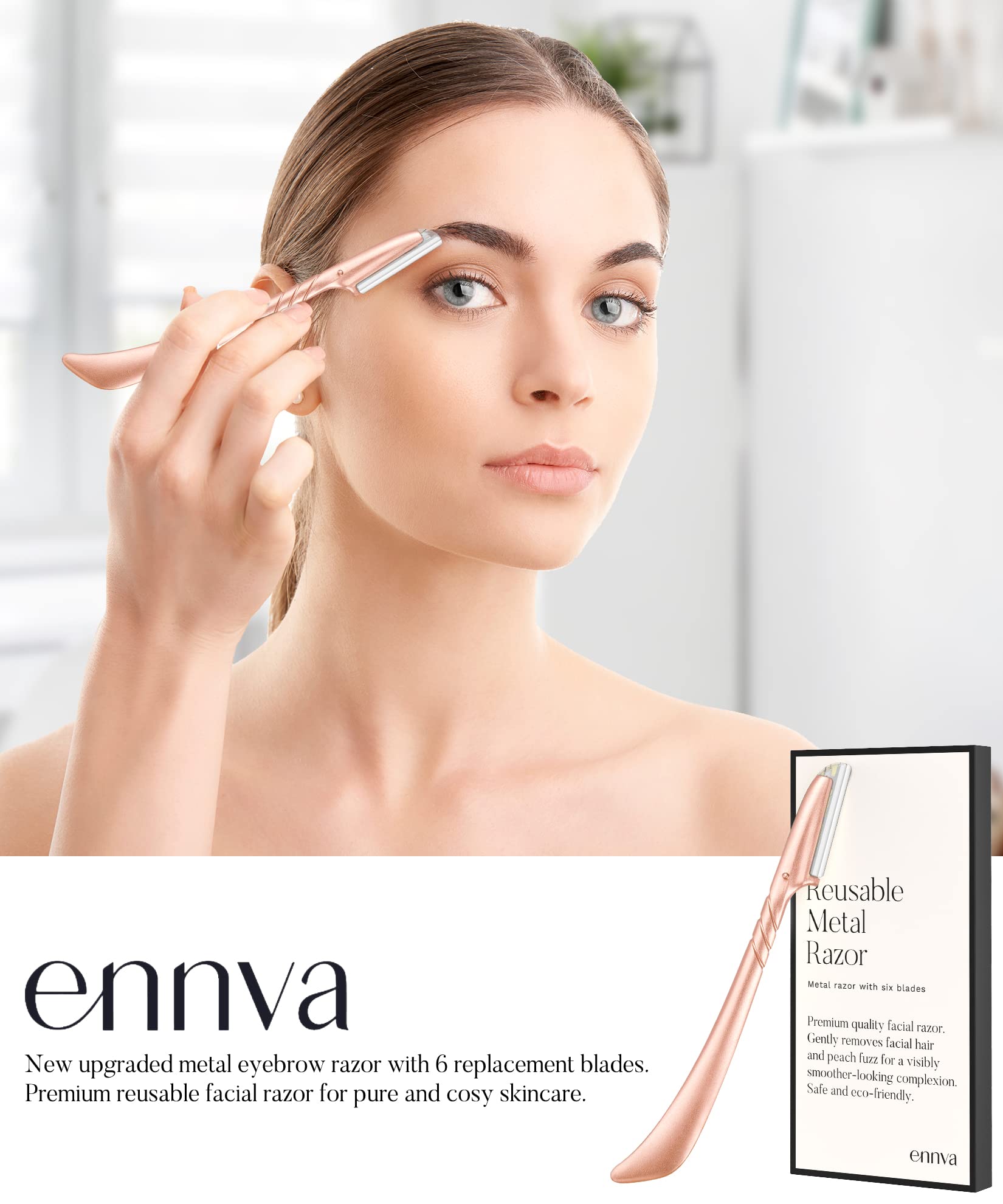 ennva Eyebrow Razor for Women-Eyebrow Trimmer Dermaplaning Tool-Ergonomic Eyebrow Shaper & Facial Razor for Peach Fuzz-Exfoliating Face Razor for Eyebrows-Eye Brow Shaver Razors w/7 Blades- Rose Gold
