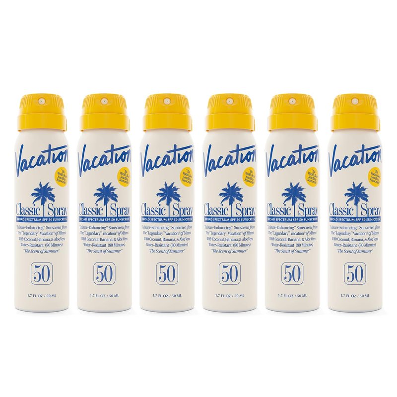 Vacation Mini Classic Sunscreen Spray SPF 50, Water-Resistant, Mini Sunscreen Bulk Party Favor, Sunblock Travel Size, TSA Suntan for Carry On, 1.7 Fl. Oz. (Value Pack of 6)