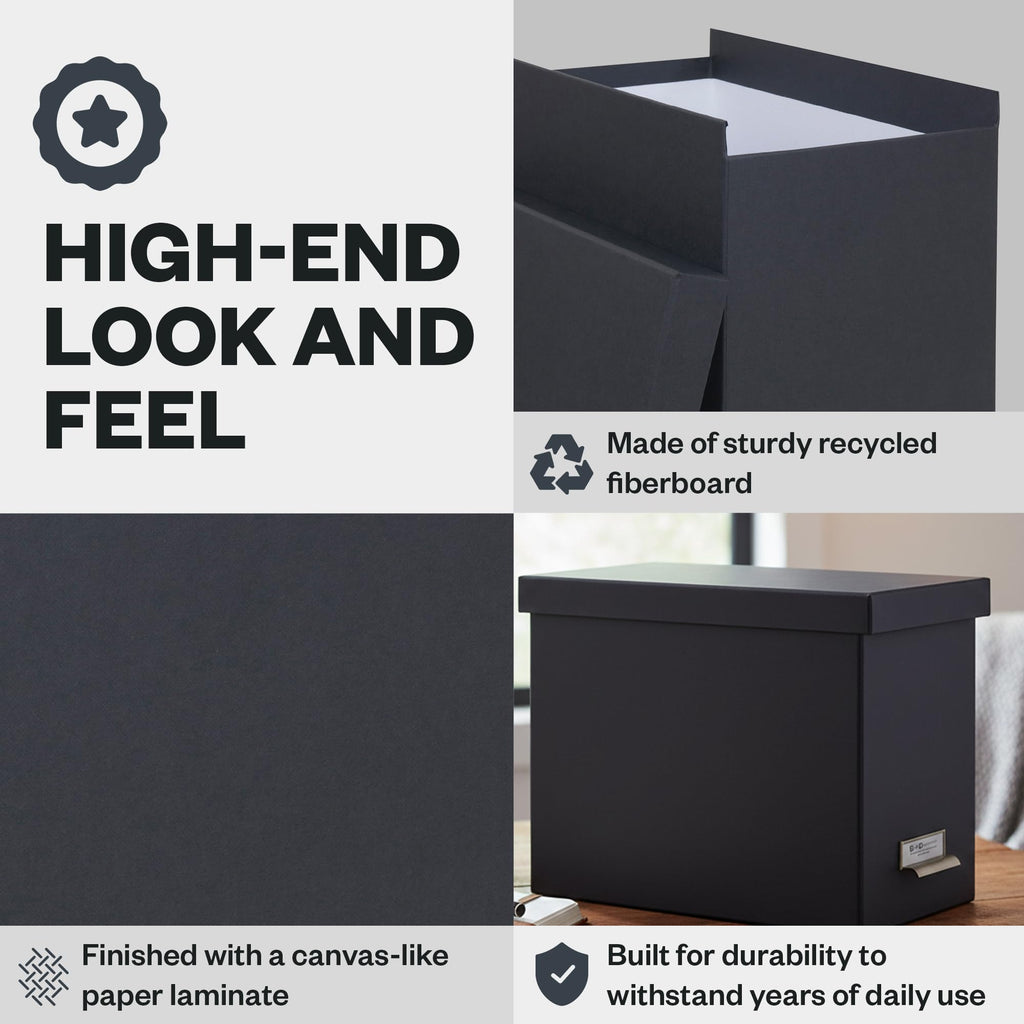 Bigso John Fiberboard Label Frame Desktop File Storage Box - Document Organizer for Important Paperwork - Durable Hanging File Box with a Lid & Metal Label Window - 7.36 x 13.38 x 10.51 in - Dark Grey