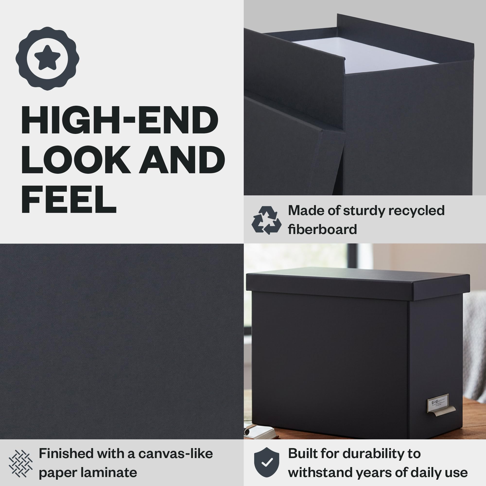 Bigso John Fiberboard Label Frame Desktop File Storage Box - Document Organizer for Important Paperwork - Durable Hanging File Box with a Lid & Metal Label Window - 7.36 x 13.38 x 10.51 in - Dark Grey