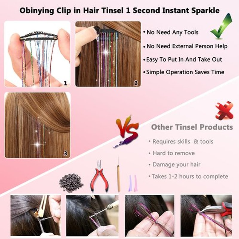 Obinying Hair Tinsel 18 Pcs Hair Tinsel Clip in 20.5 Inch Glitter Tinsel Hair Extensions Clip in Hair Tinsel Kit Party Festival Fairy Hair Accessories for Girls Women Kids (Sky Blue)