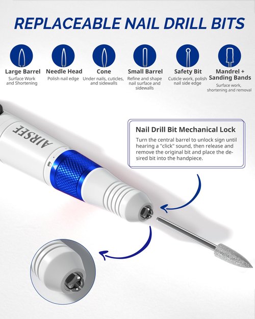 AIRSEE Master Cordless Electric Nail Drill Machine, 35000 RPM Stepless Speed, Professional Rechargeable Nail File Set with LED Display, Portable E-File Dremel Kit for Salon,Blue