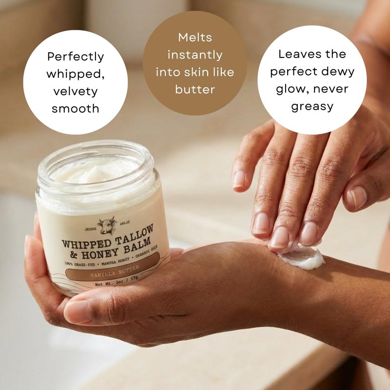 Whipped Grass-Fed Tallow Balm & Manuka Honey For Skin Face Body - Organic Jojoba & All-Natural Moisturizing Cream for Nourished, Soft Skin - Handmade All-Natural Moisturizer (2 Oz, Vanilla Butter)