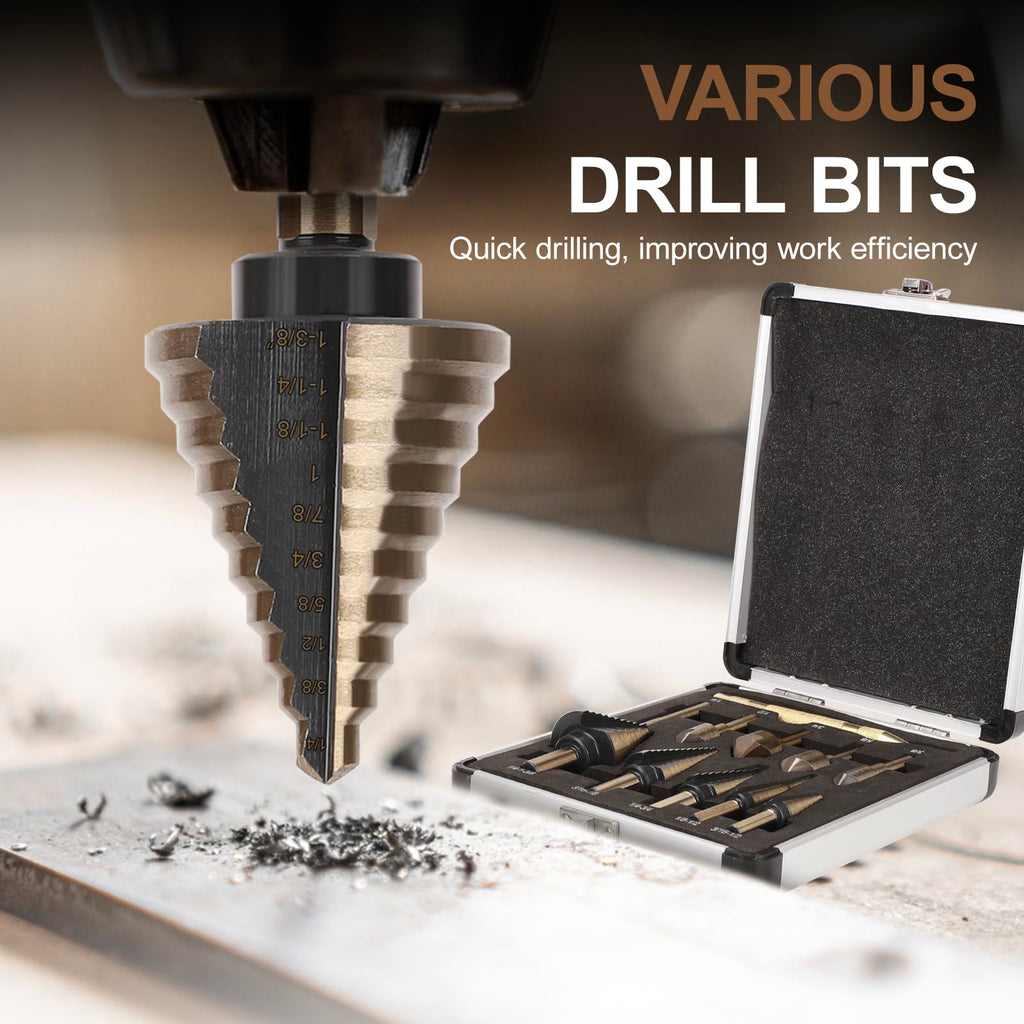 5 Pcs Step Drill Bit & 5 Pcs Countersink Drill Bit Set, Titanium High Speed Steel Step Drill Bit, 50 Sizes of Step Bits for Metal, HSS Step Bit with Aluminum Case for DIY, Multiple Hole Stepped Up Bit