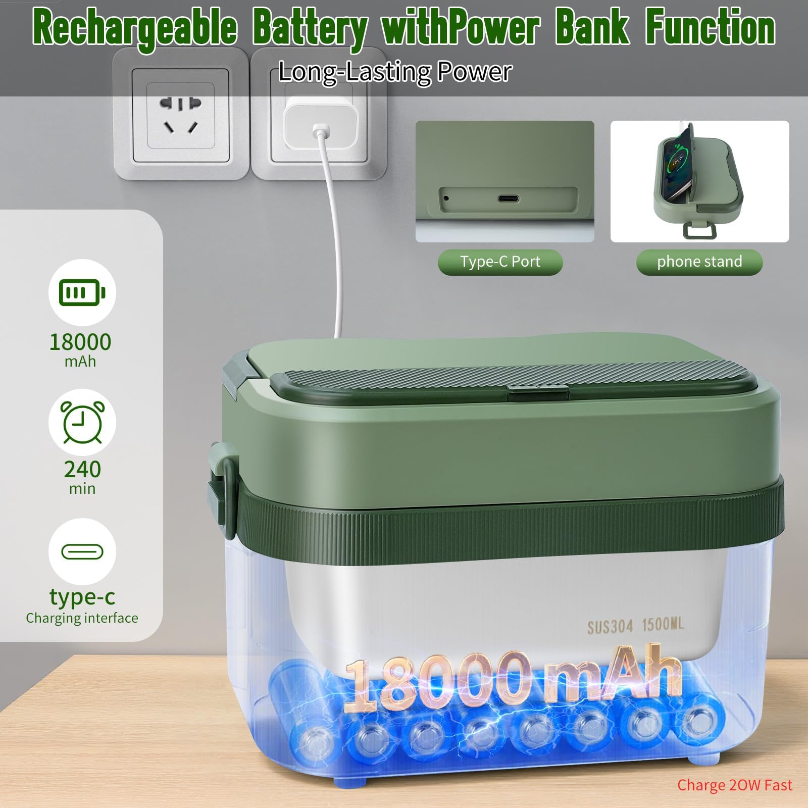 MDHAND Heated Lunch Box for Men - 18000mAh Battery Powered Cordless Electric Lunch Box for Adults Worker, Commuters, Drivers, 5 Side Self-Heating, Scheduled Heating & 6.3 Cups Container