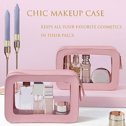 Skiennix Waterproof Makeup Bag - 2 Pack Portable Travel Cosmetic Organizer | Clear Vinyl Windows & Zippers (Pink)