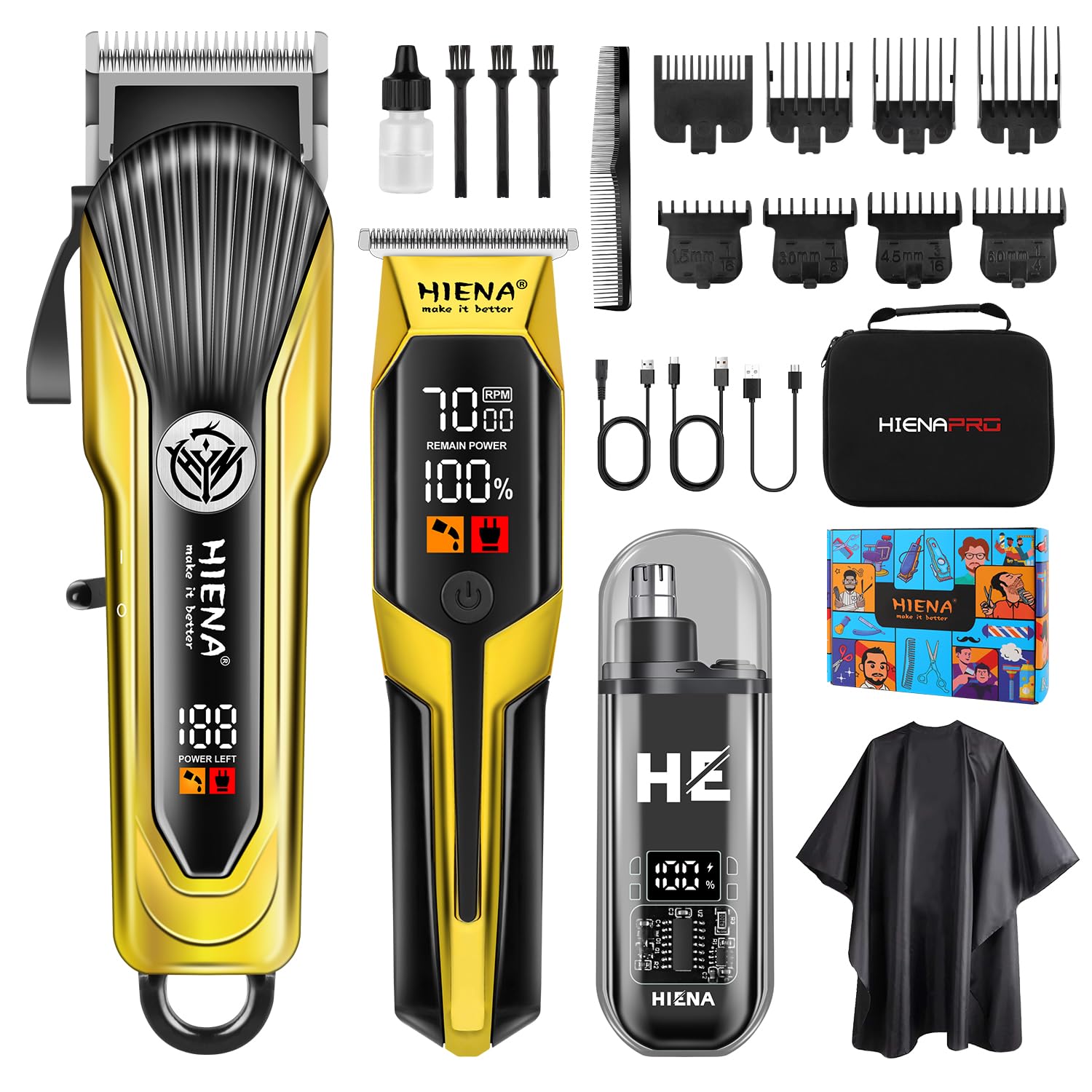 HIENA PRO Hair Clipper Set for Men, Professional Cordless Clipper Kit & Trimmer Set, Ear and Nose Hair Clipper with LED Display, USB Rechargeable Hair Cutting Grooming Kit, Gifts for Men