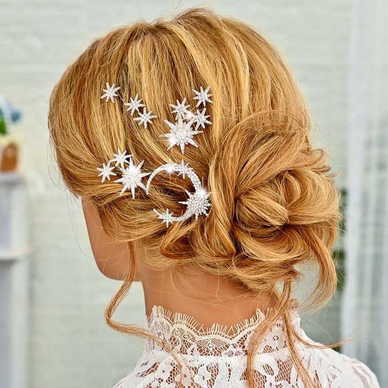 Unicra Star Moon Bride Wedding Hair Pins Crystal Bridal Hair Pieces Rhinestone Goddess Hair Accessories for Women and Girls (Pack of 5) (Silver)